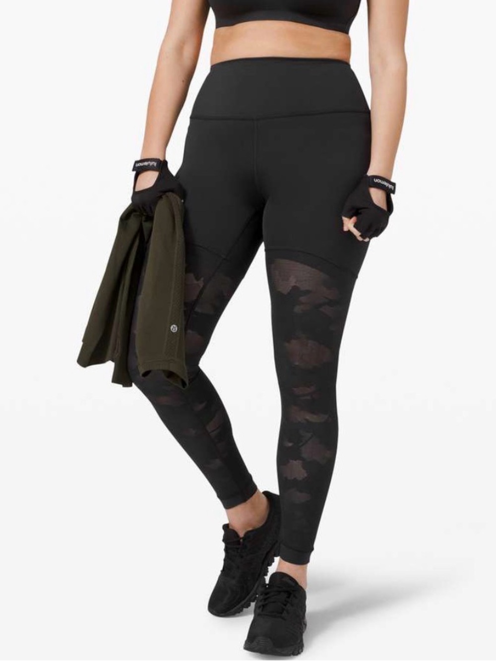 Lululemon sheer will 6 black leggings camo mesh legs athletic